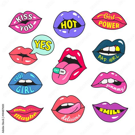 Lips Patches Collection Vector Illustration Of Women S Lips With