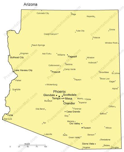 Arizona Outline Map With Capitals And Major Cities Digital Vector