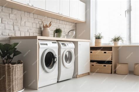Premium Photo | White and brown laundry room with modern washer and