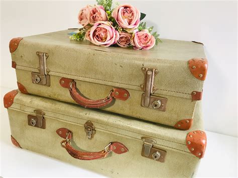 Set of 1930s Vintage Suitcases with Brown Tan Trim and Handles | Vintage Luggage Set of 2 
