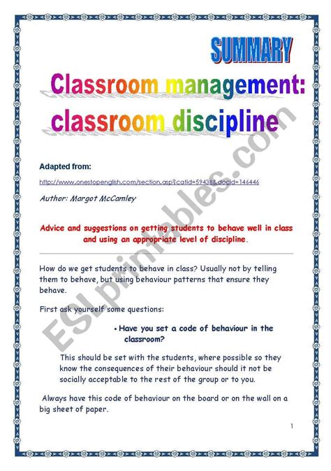 Classroom Management Discipline Article Summary Esl Worksheet By