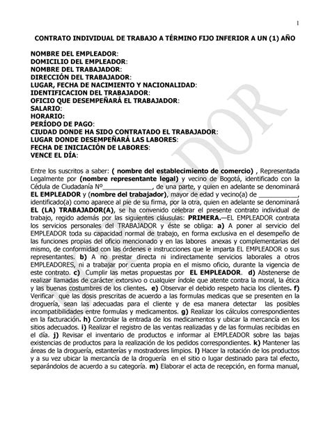 Modelo contrato Droguerias CONTRATO INDIVIDUAL DE TRABAJO A TÉRMINO