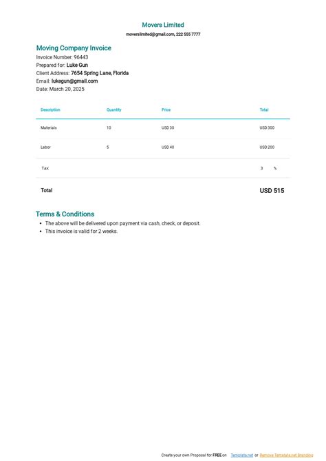 Moving Company Invoice Template Free