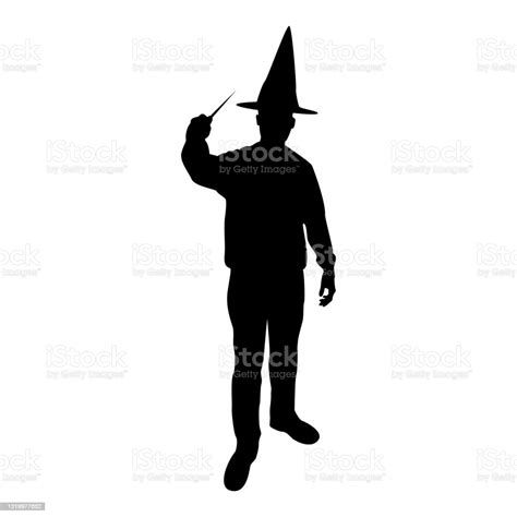Silhouette Wizard Holds Magic Wand Trick Waving Sorcery Concept