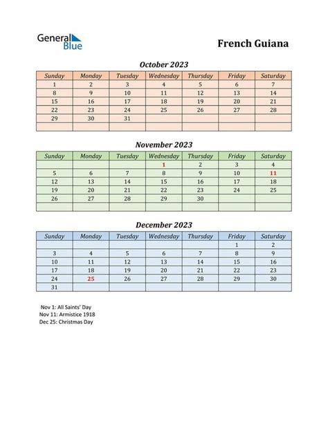 Free Quarterly Calendar For French Guiana With Holidays Holiday