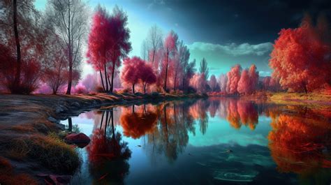 Red Trees Reflected In An Autumn Colored Lake At Night Background