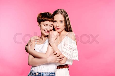 Happy Lesbian Couple Embracing Stock Image Colourbox