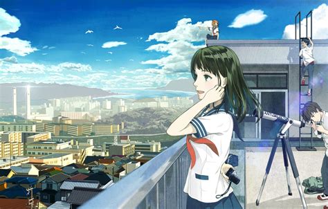 Wallpaper Roof The Sky Clouds The City Girls Home Anime Art Form Guys Telescope