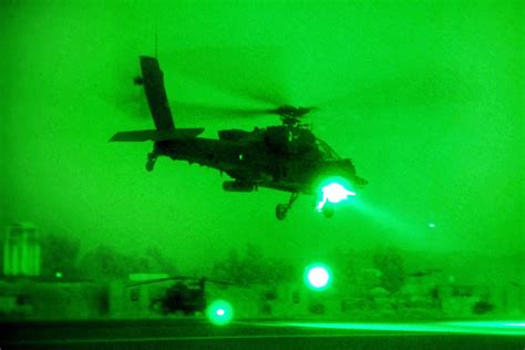 As Seen Through A Night Vision Device An Ah 64 Apache Helicopter