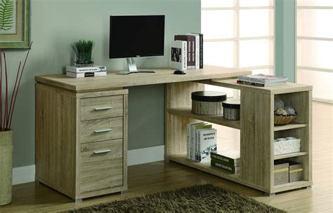Modern L Shaped Desk With File Drawer And Open Shelving In Natural Recla