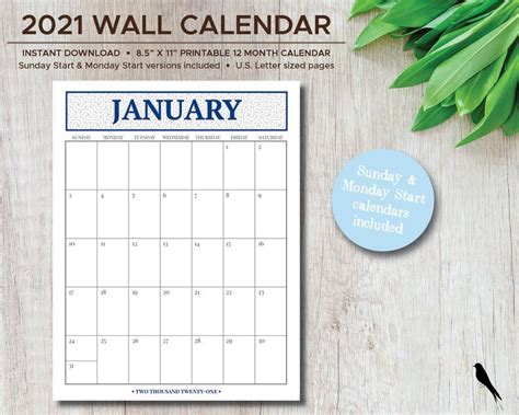 2021 Printable Monthly Wall Calendar With Large Grid For