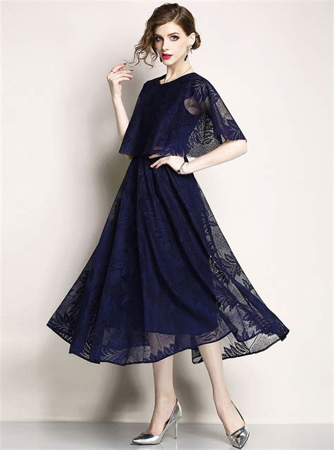 Elegant Round-Neck Big Hem Lace Midi Dress | Fancylooks