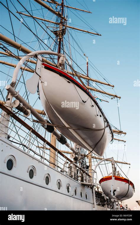 Old Sailing Ship Frigate At Anchor In The Port Stock Photo Alamy