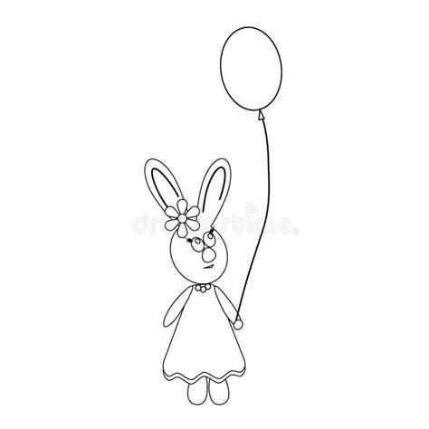 Bunny Girl With Balloon Coloring Black And White Stock Vector