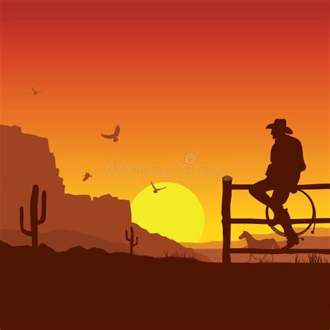 American Cowboy On Wild West Sunset Landscape In The Evening Stock
