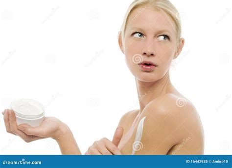 Woman Applying Moisturizing Lotion On The Body Stock Image Image Of Hand Glance