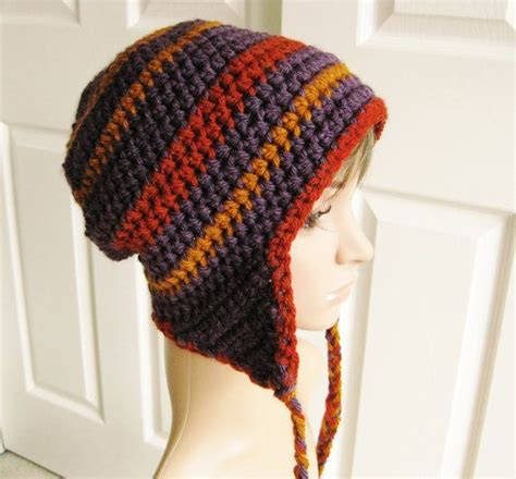 Ear Flap Beanie Crocheted In Eggplant Gold And Rust Unisex Etsy