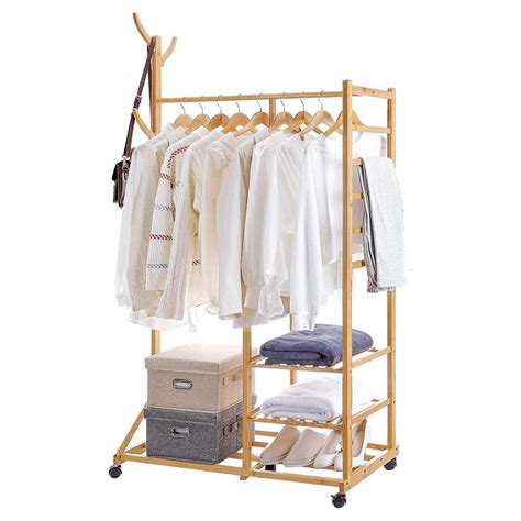 Natural Bamboo Garment Clothes Rack With Shelves 394 In W X 60 In H