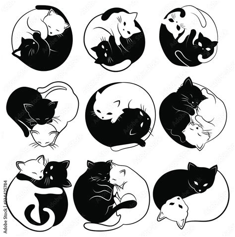 Vecteur Stock Set Of Yin Yang Cats Collection Of Simple And Cute Black