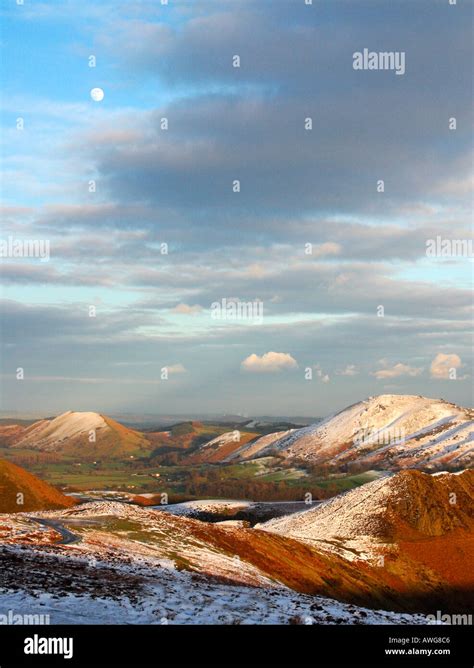 Shropshire Church Stretton Hills From The Long Mynd In Winter Snow With