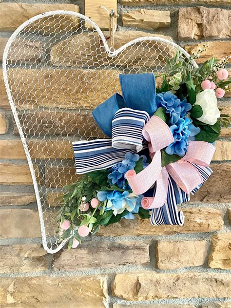 White Chicken Wire Heart Wreath With A Bow And Flowers Denim Etsy