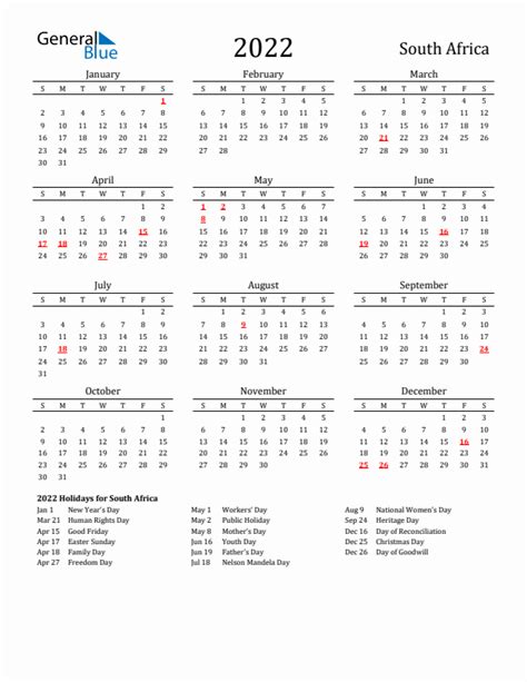 2022 South Africa Calendar With Holidays