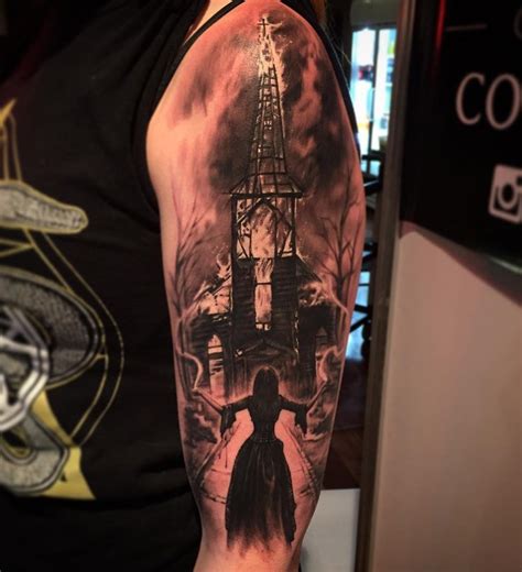 Mystical Black And Gray Style Shoulder Tattoo Of Burning Church And