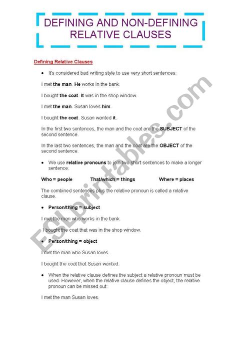 Defining And Non Defining Relative Clauses Esl Worksheet By Fiktor