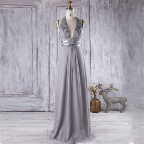 2017 Light Gray Bridesmaid Dress With Silver Belt V Neck Wedding Dress