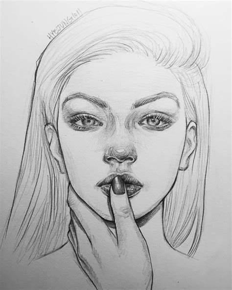 A Pencil Drawing Of A Woman With Her Finger In Her Mouth