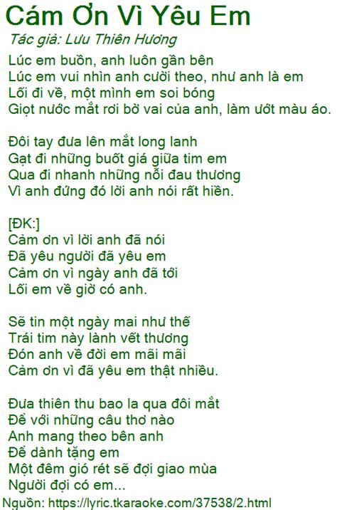 Loi Bai Hat Cam On Vi Yeu Em Luu Thien Huong Co Nhac Nghe