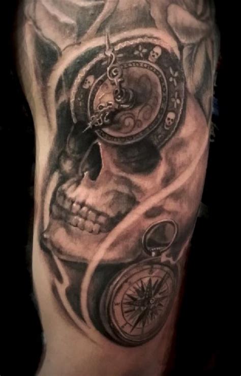 Skull With Compass And Clock By Luis Garcia Tattoonow