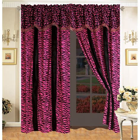 4 Pc Safari Micro Fur Curtain Set Giraffe Zebra Black Pink Drape