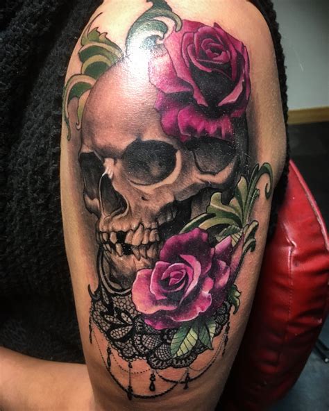 Skull Rose And Lace Tattoo Lace Skull Tattoo Feminine Skull Tattoos Skull Thigh Tattoos