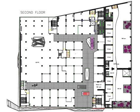 Commercial Building Second Floor Column Layout Plan Autocad Drawing