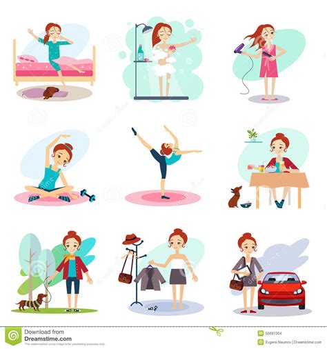 Daily Routine Vector Set With Cute Girl Stock Vector Illustration Of