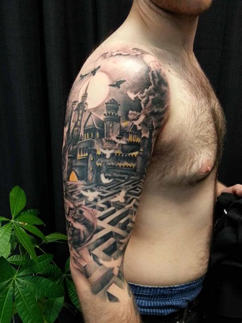 Half sleeve tattoos are seen on many bikers and rockers around the world, so you can imagine how much awesome they are, people with intense liking for an activity make these tattoos on them. Half sleeve Castle and Maze tattoo - Chronic Ink
