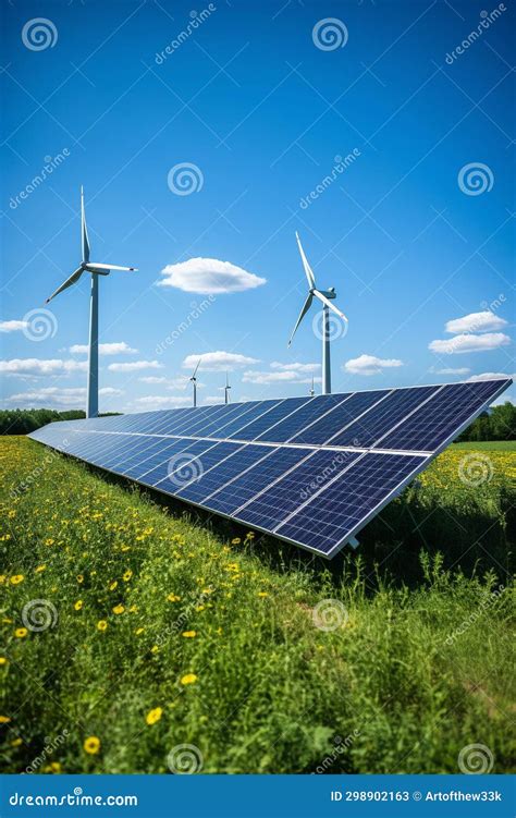 Renewable Energy Harmony Solar Panel And Wind Turbine In A Serene