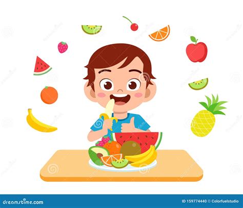 Cute Happy Kid Eat Salad Vegetable Fruits Stock Vector Illustration