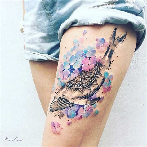 Watercolor Whale Thigh Tattoo Idea For Women Thigh Tattoos Women Leg