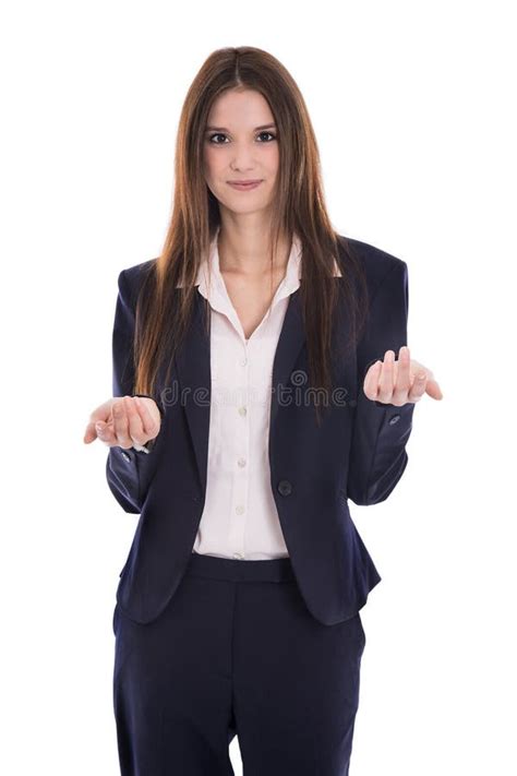 Pretty Isolated Young Business Woman Explain Something With Her Stock
