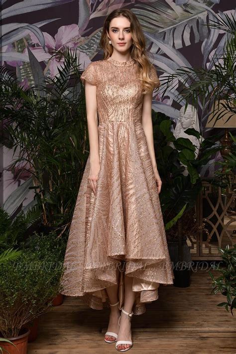Bmbridal Glamorous Rose Gold Sequins Prom Dress Short Sleeve Evening