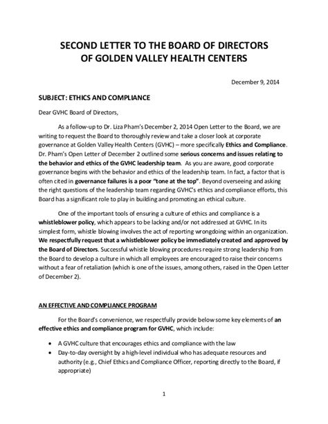 The letter should talk about the background of the candidate and why he/she should be considered for this position. SECOND LETTER TO THE BOARD OF DIRECTORS OF GOLDEN VALLEY ...