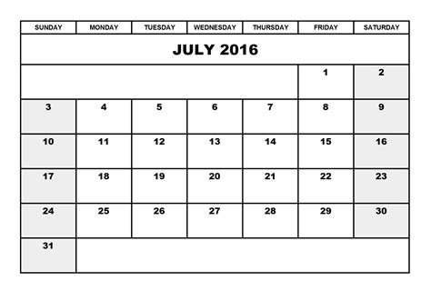 July 2016 Calendar A4 Size Printable Calendar Templates