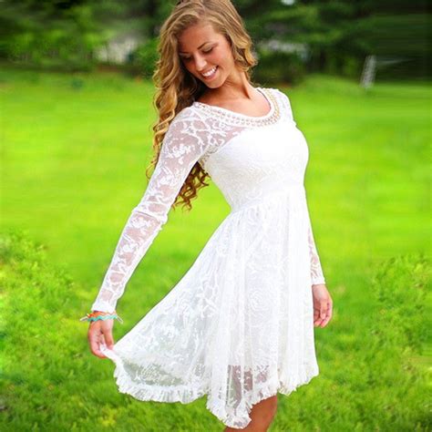 Long Sleeves Prom Dress Short White O Neck Pearls Beaded 8th Grade Graduation Homecoming Lace