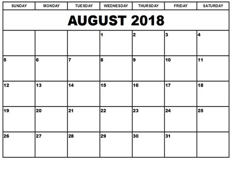 August 2018 Printable Calendar Printable | Free printable calendar templates, 2018 printable ...