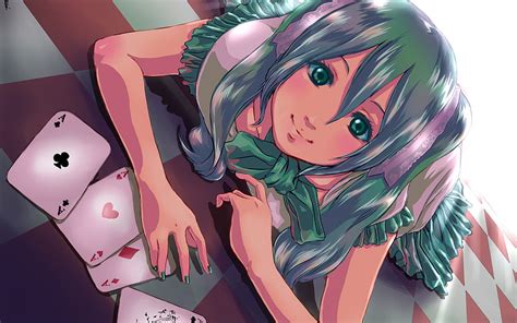 Green Haired Girl Anime Character With Three Ace Playing Cards