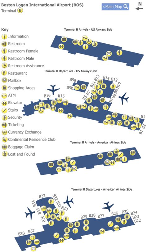 Boston Logan Airport Bos Terminal B Map Map Of