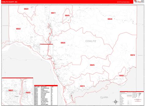 Cowlitz County, WA Zip Code Wall Map Red Line Style by MarketMAPS