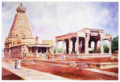 Artist Ragu Thanjavur Brihadeeswarar Temple Watercolor Painting